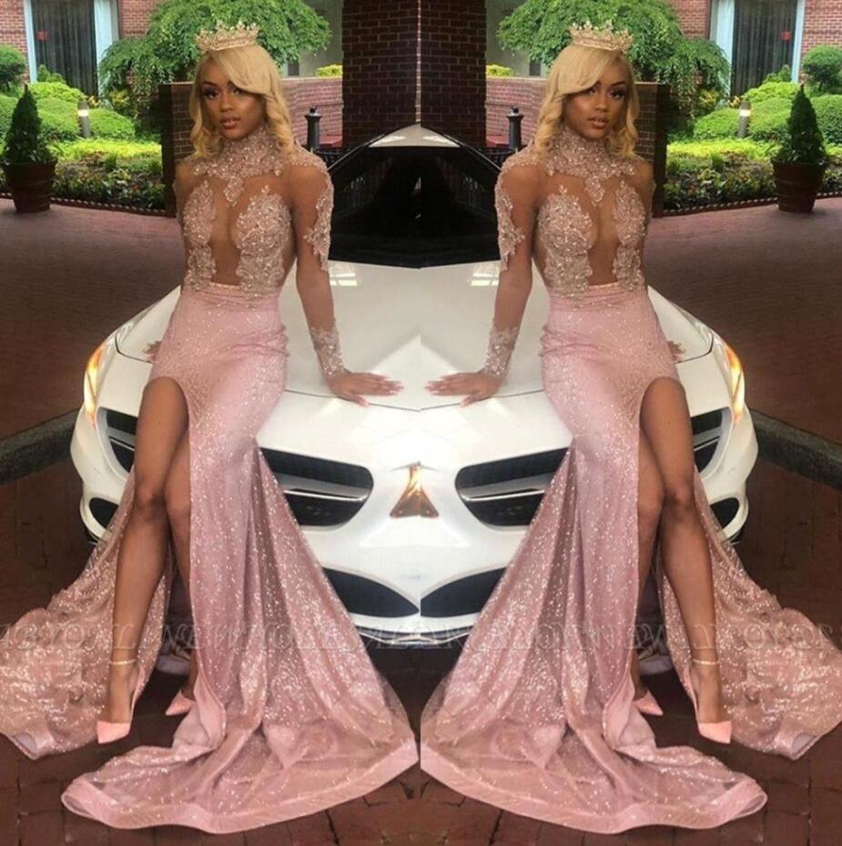 

Sheer Long Sleeves High Neck Lace Mermaid Prom Dresses Black Girls Lace Applique Split Backless Sweep Train Evening Gowns VOG343
