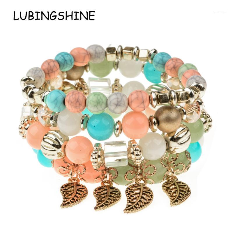 

LUBINGSHINE Bohemia Bangles Leaves Tassel Pendant Multilayer Beaded Bracelet Elastic Stretch Wristband Ethnic Jewelry Pulseiras1
