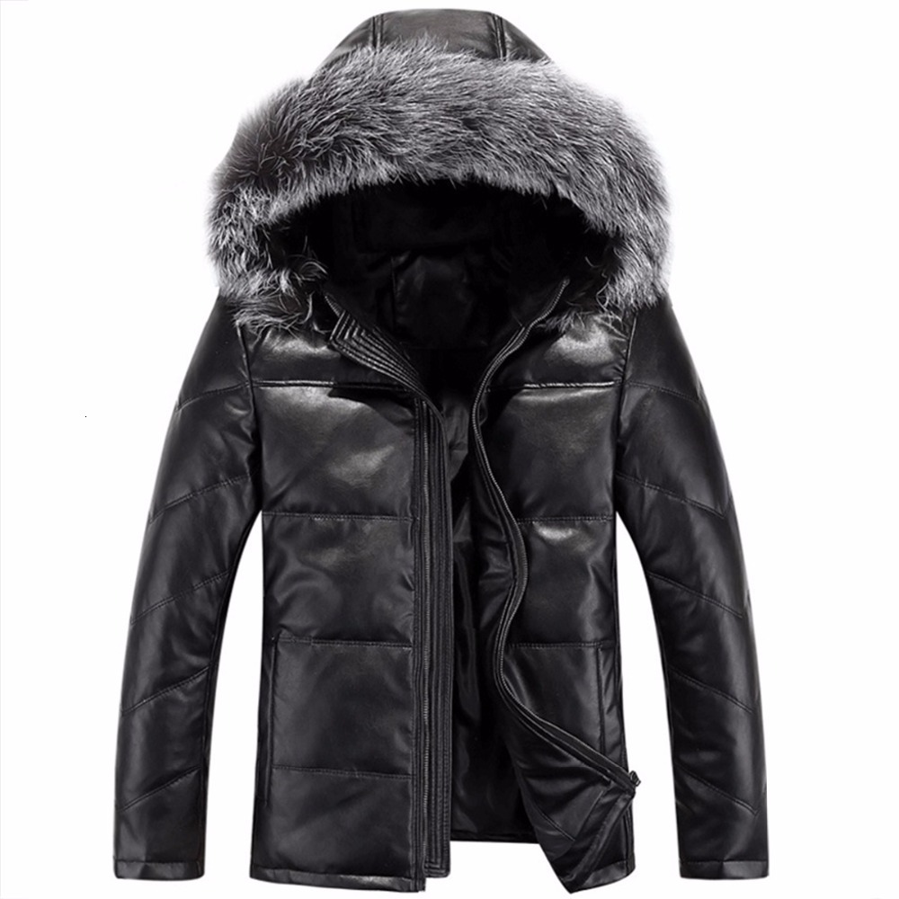 

2021 New Jacket Winter Coat of Men with Leather False Masculine Sweatproof Sweatpants Hot Collar Faux Fur KLSF, Black
