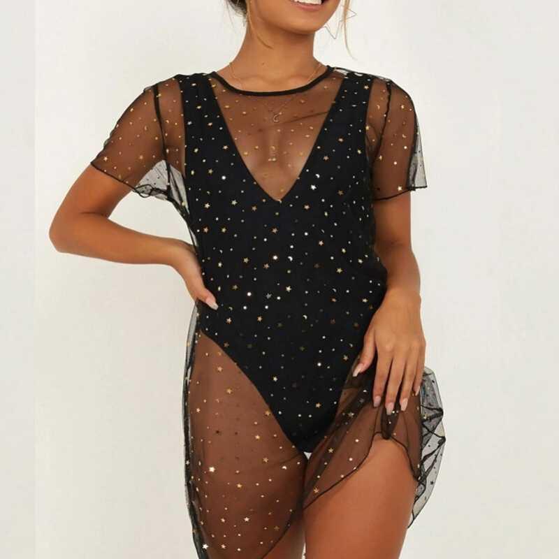 

Fashion Sexy Women Black Perspective Swimsuit Cover Up Sequined Mesh Dress Bikini Swimwear Beachwear1