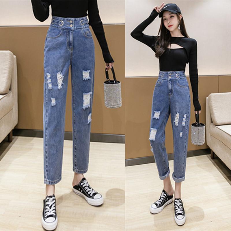 

Ripped Jeans Women' Loose Nine-Point Autumn And Winter 2020 New Slim And Versatile High-Waisted Straight Harem Daddy Pants, Blue