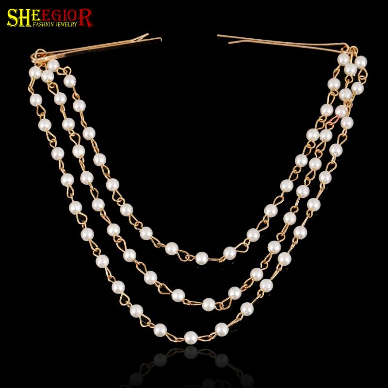 

Korean Lovely Pearl Hairpins Hair Jewelry Gold 3-Layers Chains Tassels Wedding Bride Hair Accessories for Women Clips Gifts