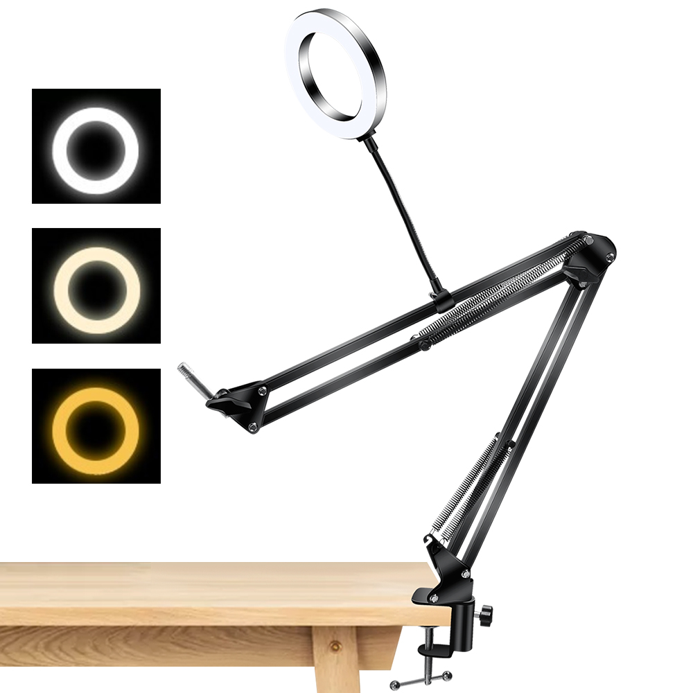 

6 Inch Desktop Ring Light With Arm Stand Ringlight Tabletop Clamp Studio Light 26Cm For Photo Potrait Live Streaming Youtube