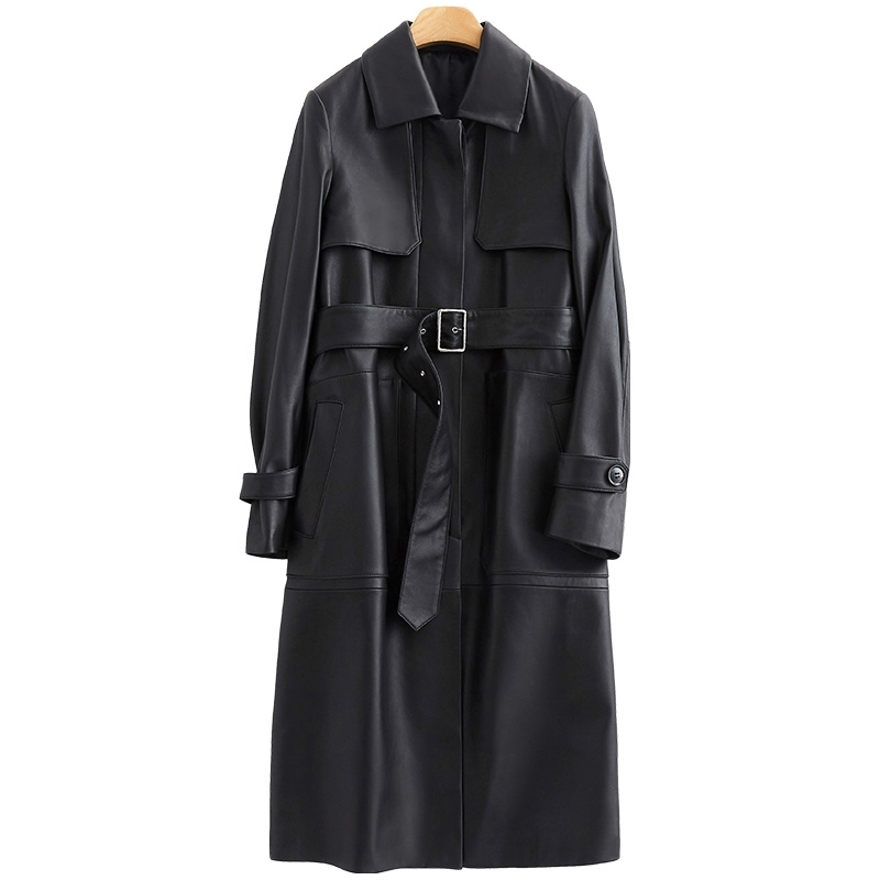 

Nerazzurri black long leather trench coat women with belt turn down collar spring faux leather coat leather clothes for women 210201