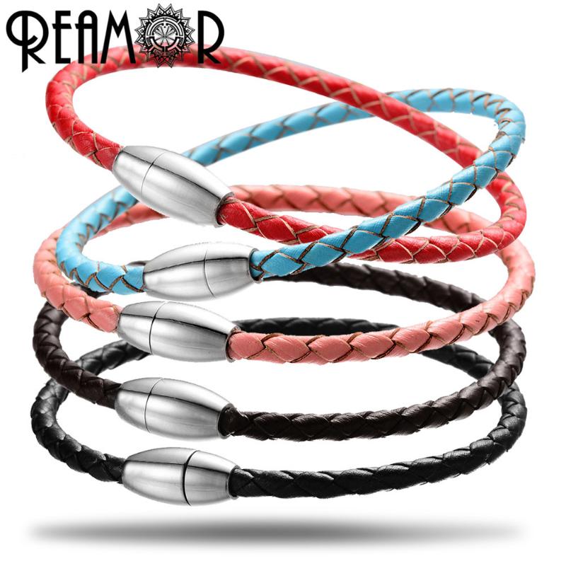 

REAMOR Colorful 4mm Genuine Braided Leather Bracelets String Hole Beads Women Men Bracelet DIY Jewelry Making With Magnet Clasp