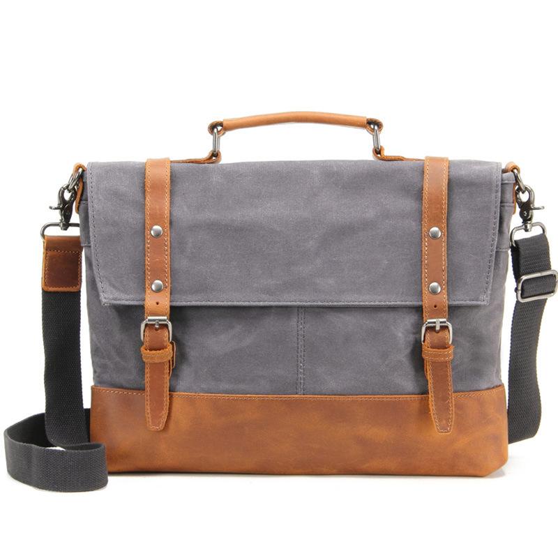 

Men Waterproof Canvas Briefcase Messenger Bag Men's Natural Leather 14'' Laptop Bags Male Handbag Office Business Document Tote, Black