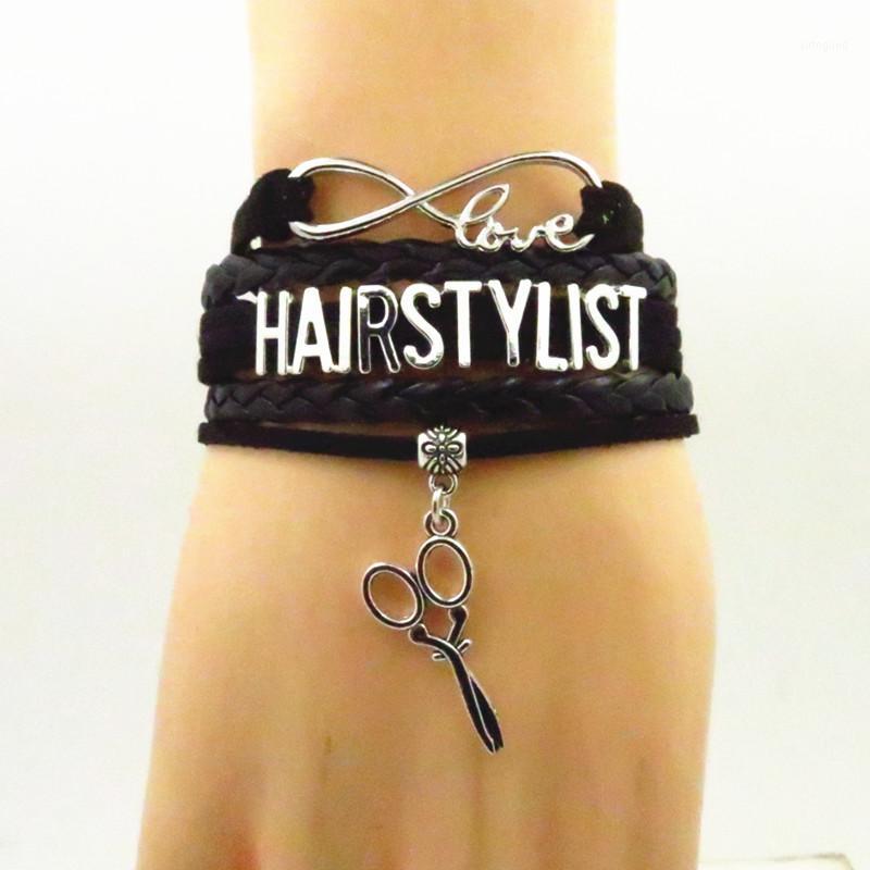 

Link, Chain Fashion Hairstylist Bracelet Scissors Charm Hair Stylist Black Leather Bangle Barber Bangles1