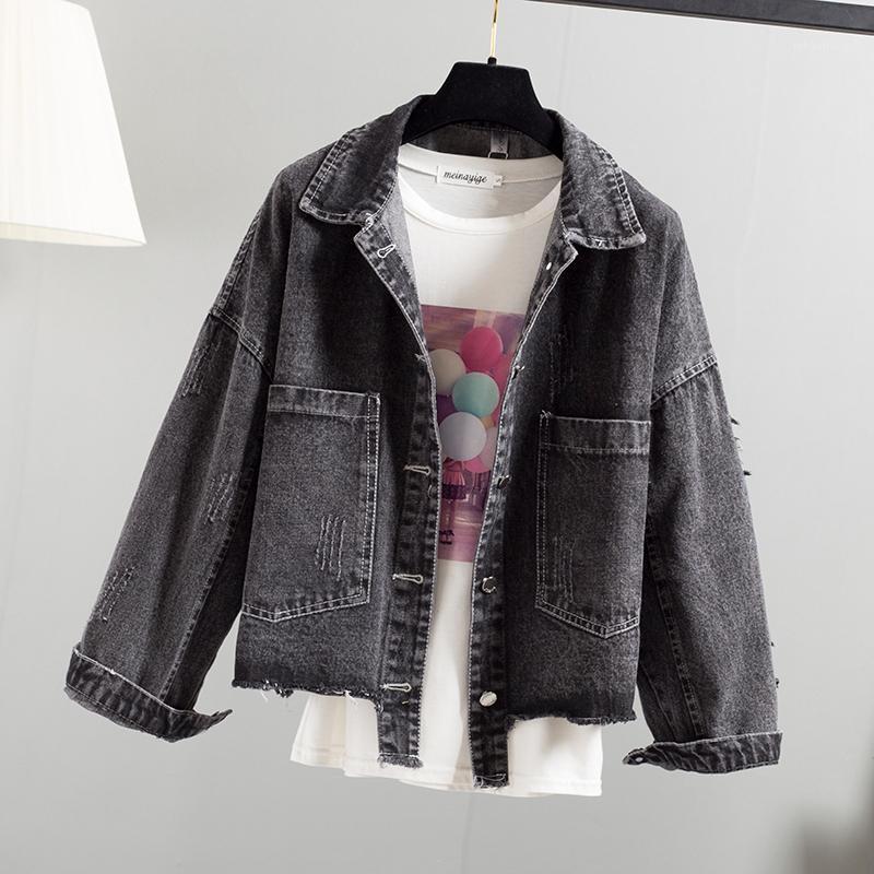 

Basic Loose Plus Size Denim Jacket Women Spring Autumn Long Sleeve Jeans Jacket Fashion Lapel Single Breasted Female Denim Coat1, Black