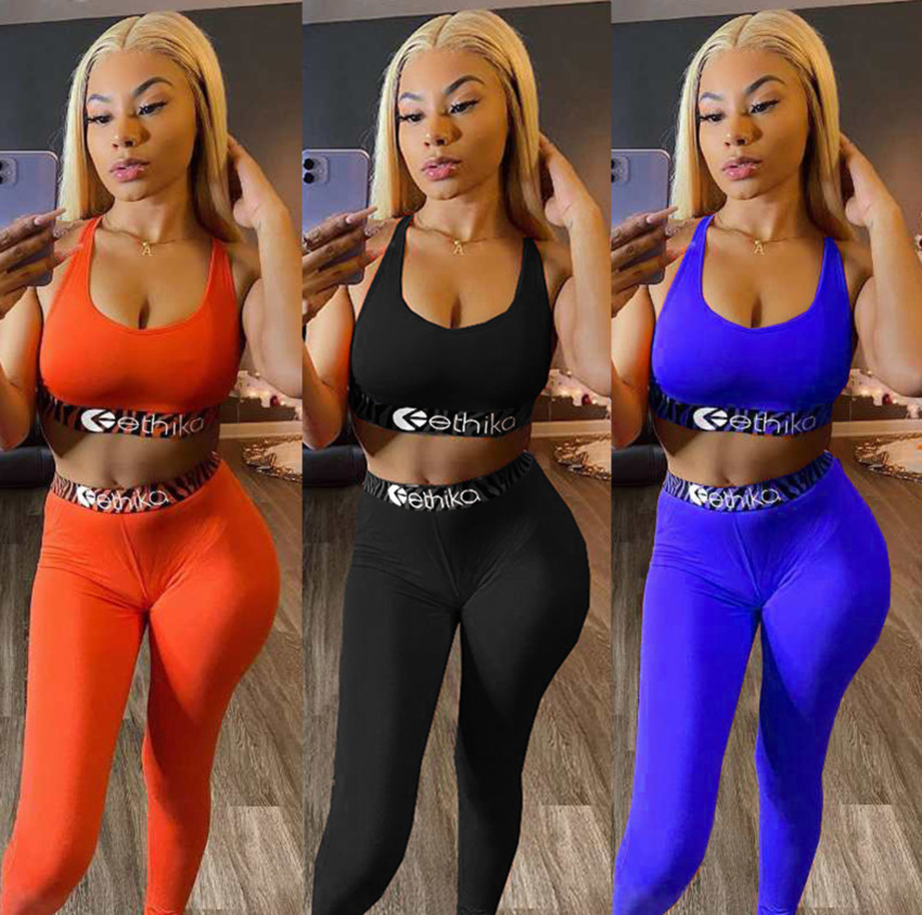

Women Ethika Bra Tracksuit Sleeveless Bras Vest + Pants Legging 2 Piece Set Summer Outfits ETWS3 Fitness GYM Sportswear Crop y1021, Orange