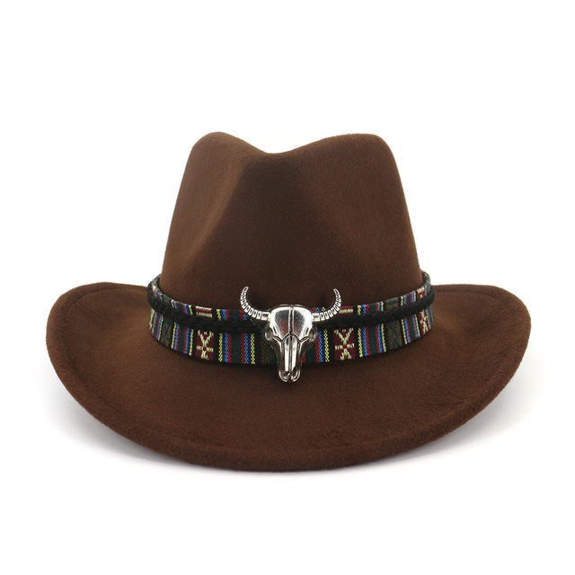 

2021 Wide Brim Western Cowboy Jazz Hat Cap Men Women Wool Felt Fedora Hats Ribbon Metal Bullhead Decorated Black Panama Cap