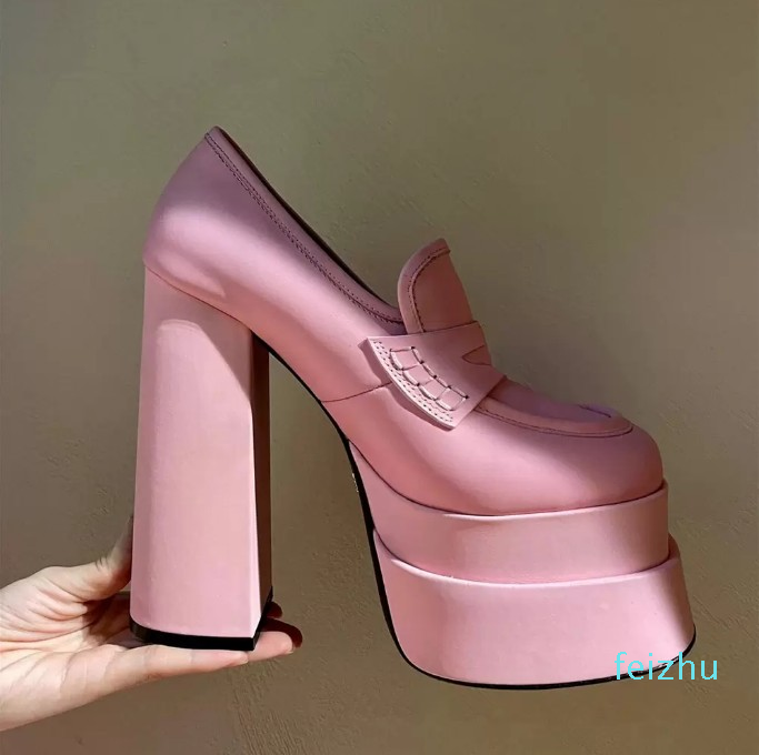 

2022 Spring Women Dress Shoes Duble Platform Pumps Top Quality Genuine Leather Chunky High Heels Sexy Square Toe Calfskin Pumps For Woman, Black