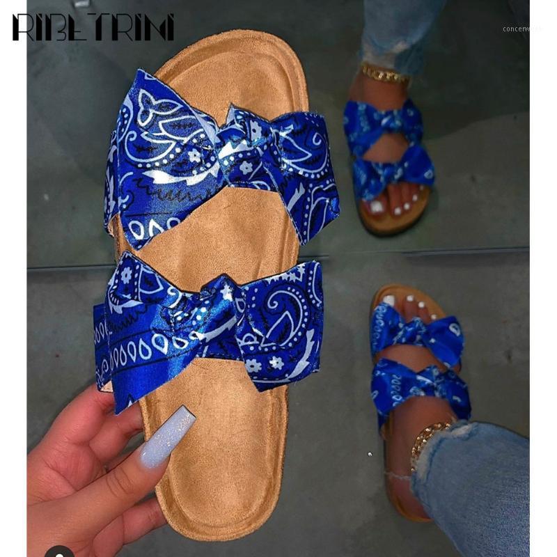 

RIBETRINI Elegant mixed-color Casual Shoes Newest Hot Brand Print Flat Women Slides 2020 Summer butterfly-knot Slides1, White