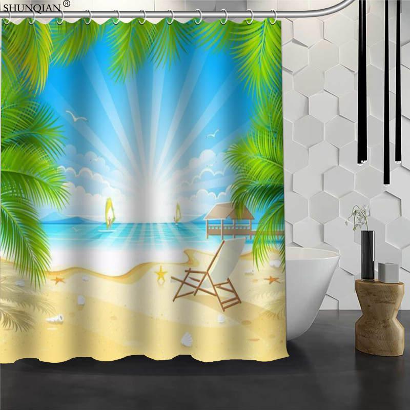 

New Summer Beach Sun Shower Curtain Waterproof Fabric Bath Curtain Polyester Fabric Bathroom 180X200cm150X180cm