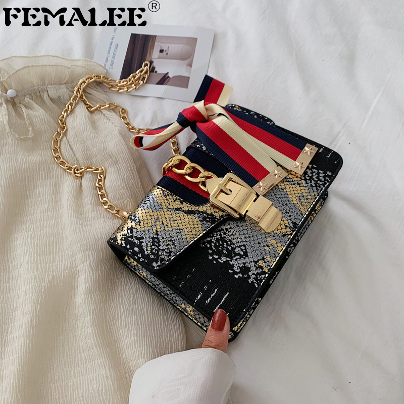 

Luxury Snake Pattern Ribbon Flap Women Contrast Color Serpentine Crossbody Bag Autumn Designer Square Buckle Chain Handbags Q1208