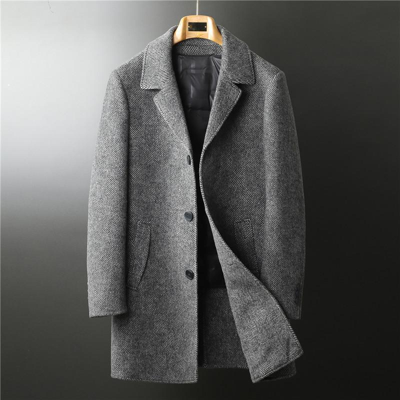 

Becca woolen coat men's medium long 2020 winter suit collar detachable down liner double faced overcoat, Gray