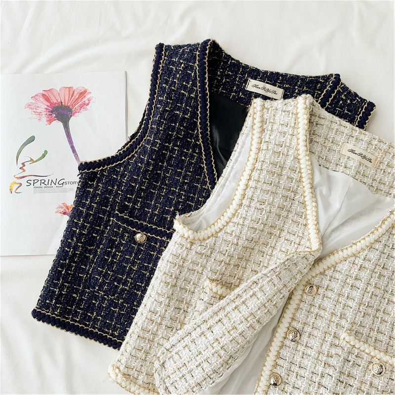 

2021 New Winter Elegant Autumn Lurex Chess Teed Short Retro Without Sleeves Fashion Jacket Highstreet Women Vest Q95J, White
