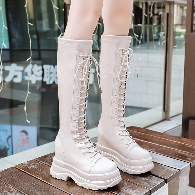 

Top fashion cross belts super heels leather from female plutonium platform knee boots high punk woman tall shoes growing, 12400；beige-12400；