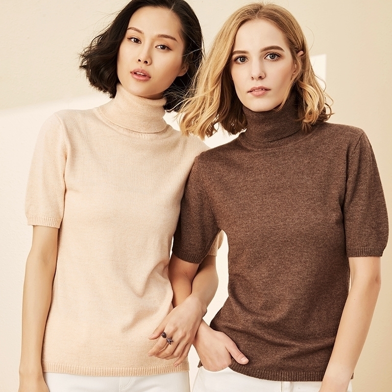 

BARESKIY spring and autumn new wool high collar short-sleeved women's knit sweater Slim wild vest warm elastic pullover 201017, Beige