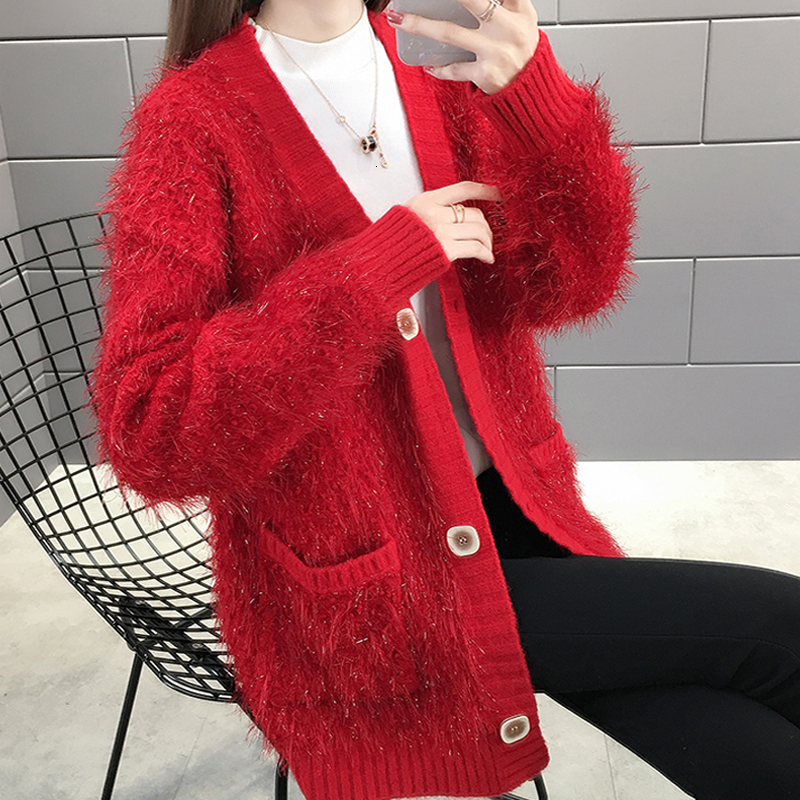 

2021 New -autumn Mohair Sweater with Decoration on v Long Sleeve Cardigan Solid Single Breasted Buttons for the Lady's Nightgown Fk3c, Orange