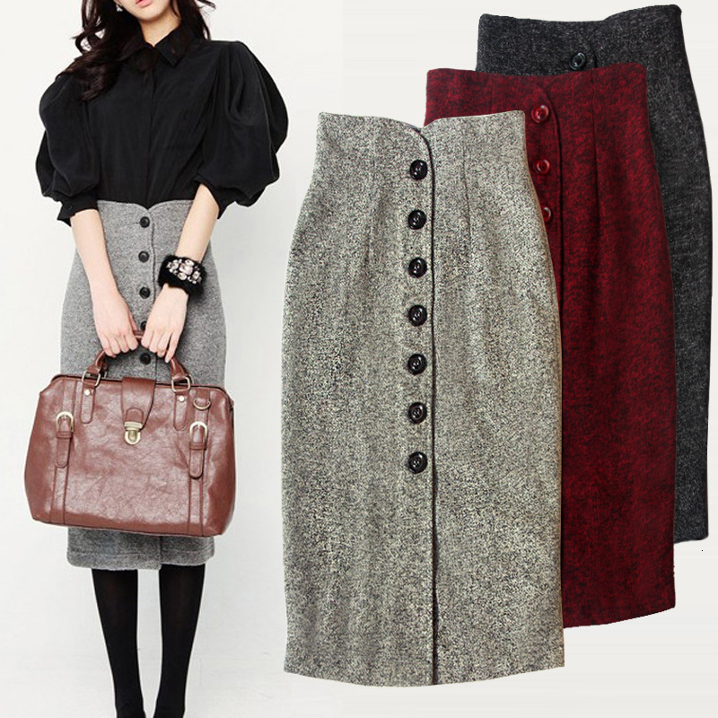 

2021 New High-end Thick Wool High Waist Skirt Women Autumn Winter Vintage Double Package Hip Office Lady Streetwear Pencil Skirts 6kqy, Dark grey