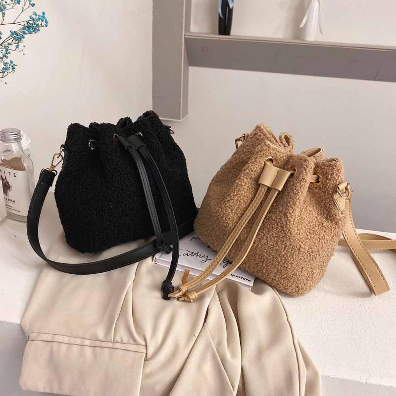 

Fashion Women Bucket Bags Messenger Bag Ladies New Simple Woolen Shoulder Bag Fashion Messenger Drawstring Casual Bag#YY, Khaki