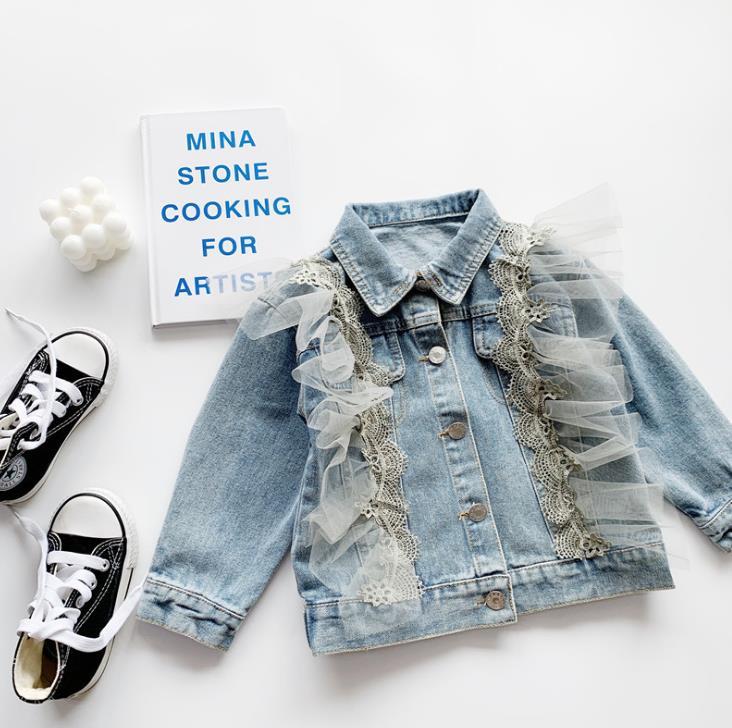 

Retail Lace Mesh Jean Coat For baby Girls, Children Fashion Denim Outwear Wholesale 2-7T, As pic