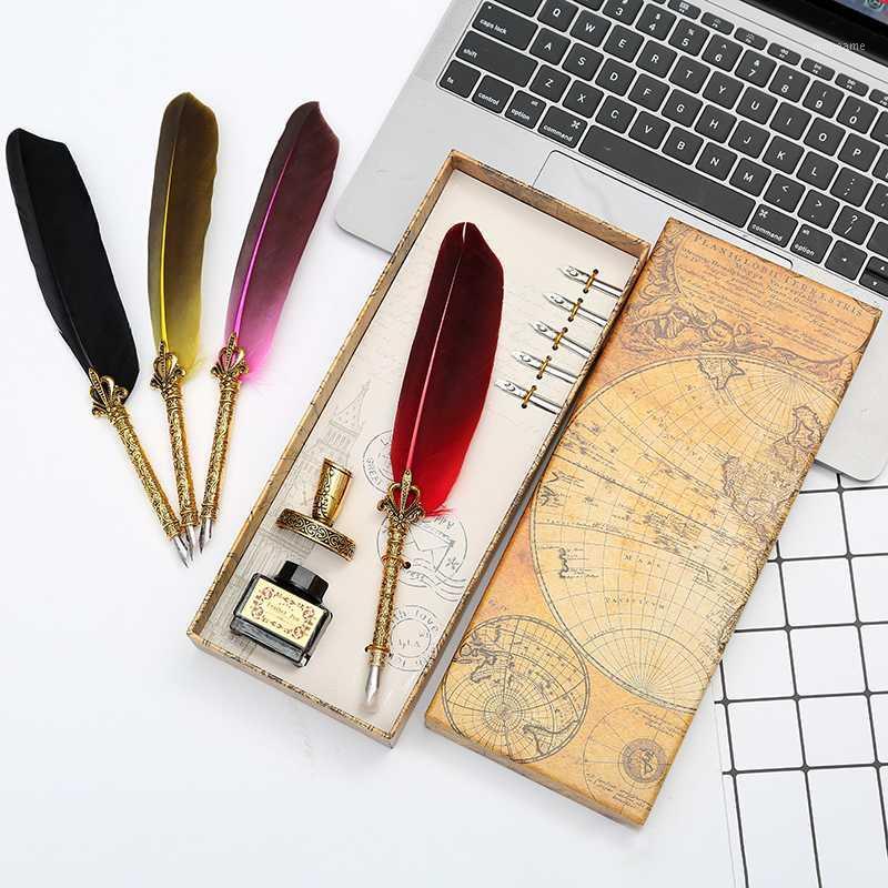

New and unique! Natural feather dipped fountain pen set writing ink luxury gift box can be customized LOGO Christmas gifts1, Red