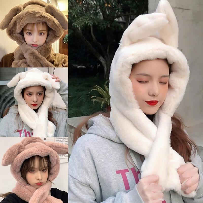 

Fluffy Plush Earflap Hat with Moving Ears Warm Beanie Cap Scarf M7DD, White