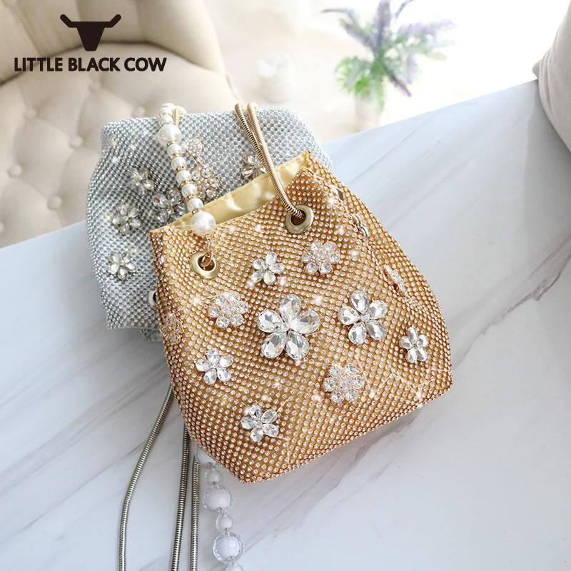 

Fashion Ladies Small Diamonds Bucket Bag Crystal Flowers Beading Evening Bags Women Shiny Mini Chain Slung Shoulder Bag Handbag, Silver