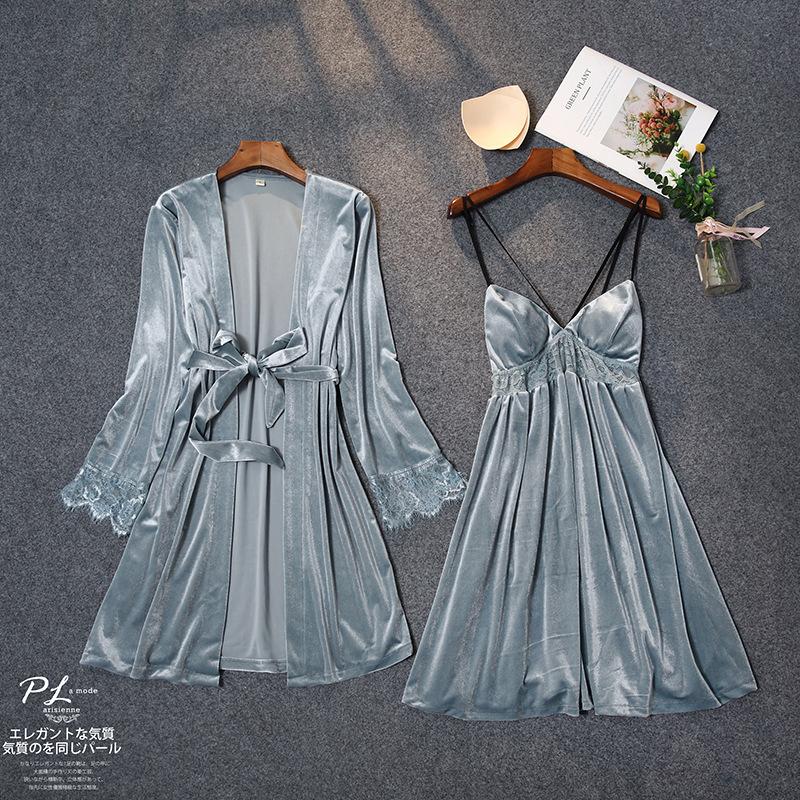 

Gray Kimono Robe Gown Suit Women Sexy V-Neck Spaghetti Strap Nightgown Autumn New Sweet Lace Trim Nightdress Velour Sleepwear, Black