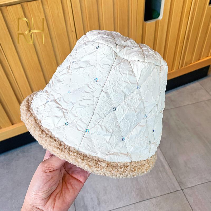

Lamb Wool Sequin Women Bucket Hat Double-side Autumn Winter Fisherman's Hats for Ladies Keep Warm Casual Cap Female Flat Top Hat, White