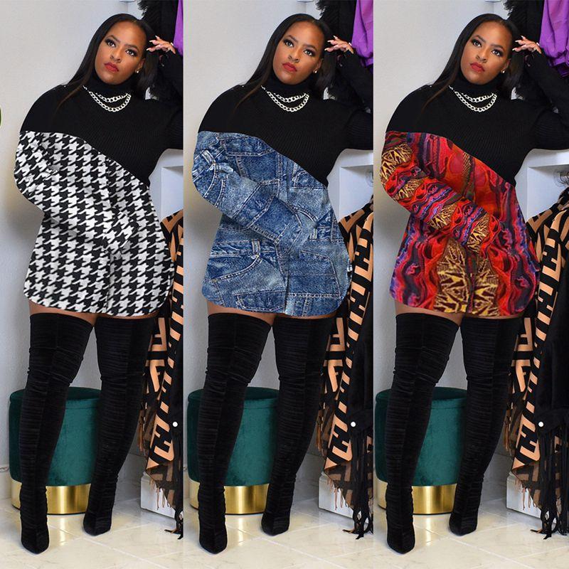 

ZKYZWX Aesthetic Patchwork Dress for Women Fall Winter Clothing Trendy Long Sleeve Turtleneck streetwear club Loose Dresses, Red