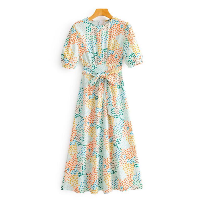 

New 2020 Women Vintage Round Neck Color Dot Print Long Kimono Pleated Dress Female Short Sleeve Sashes Chic Brand, As picture