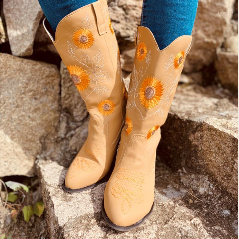 

vertvie Embroidered Womens Boots Retro Knee High Boots Handmade Leather Long Booties Women High Cowboy Casual Shoes1, Brown