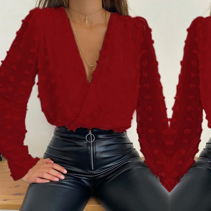 

Deep V-Neck Top for Women 2020 Elegant Office Ladies Solid Blouse Perspective Sleeve Top Dobby Decor White Blouse Female Clothes, Pink