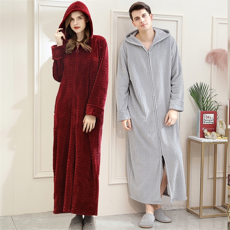 

40-110KG Plus Size Men Winter Long Warm Coral Fleece Bathrobe Cozy Flannel Hooded Bath Robe Night Dressing Gown Women Sleepwear 201023, Beige