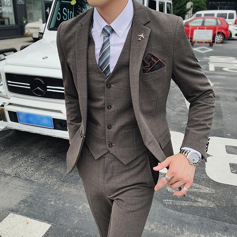 

Blazer+Pants+Vest) Luxury Men Suit 3 Piece Set Fashion Boutique Lattice Groom Wedding Dress Men' Tuxedo Men Banquet Club Dress, Brown