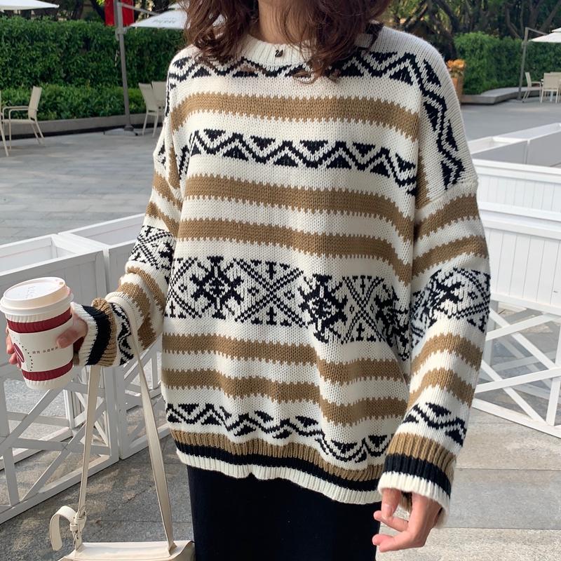 

Autumn Winter Vintage Stripe Loose Knitting Sweater Women Casual Long Sleeve Pullover Sweater Female Fashion Coat, Gray