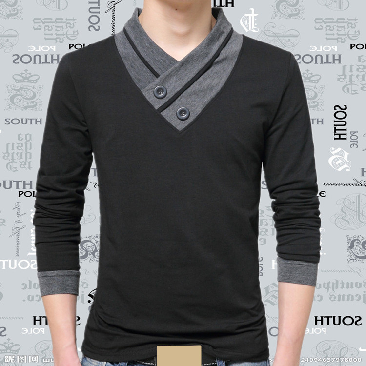 

2021 Brand Spring Autumn New Men's Long-sleeved T-shirt V-collar Pure Cotton T-shirt for Male Stitching Leisure Tops Tshirt, Black