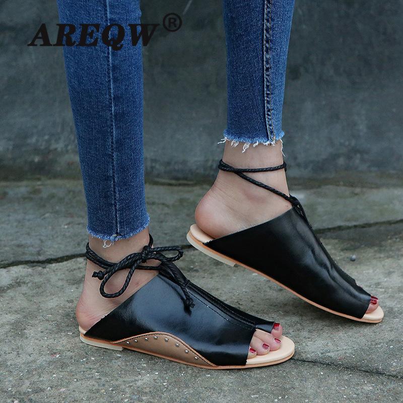 

Large Size Sandals Women's New European And American Explosions Low Heel Ladies Gladiator Sandals Side Empty Women