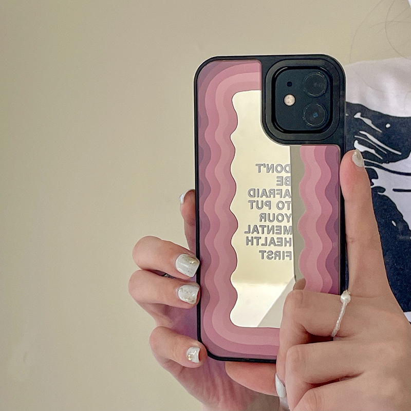 

Korea Wave Pattern Makeup Mirror Phone Cases For iPhone 13 11 12 Pro Max X XS XR 7 8 Plus SE 2 Frame girl gift Soft silicone Cover, Silver mirror