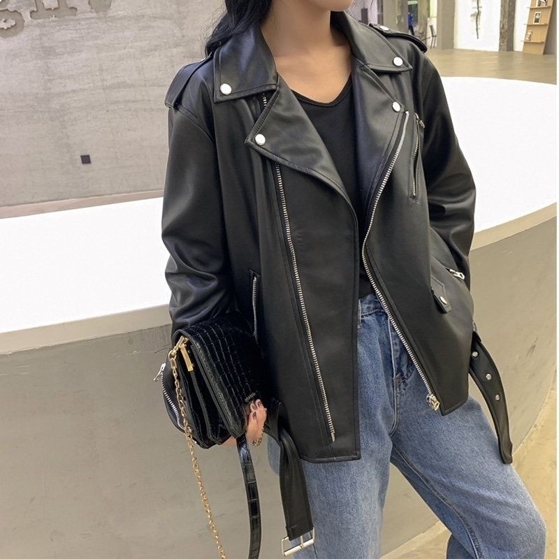

New Jaqueta 2021 De Couro Pu Feminina Outono, Para Motociclista, Bolsos Grandes, Preta, Zper, e CVON, Black