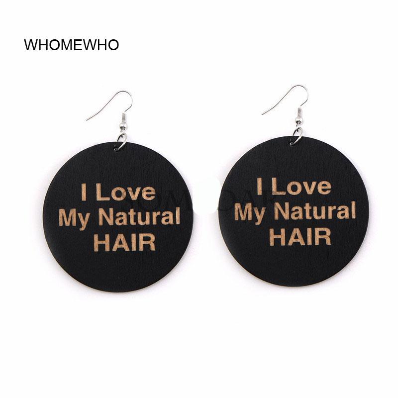 

60mm Round Black Wood I LOVE MY NATURAL HAIR Letters Afro Queen Earrings Vintage African Wooden Club Jewelry Accessory
