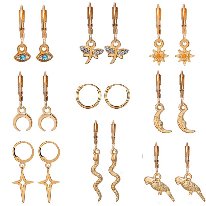 

IF ME 9PCs/Set Vintage Gold Animal Snake Butterfly Dangle Earrings Set for Women Bohemian Crysatl Moon Star Eye Earring Jewelry