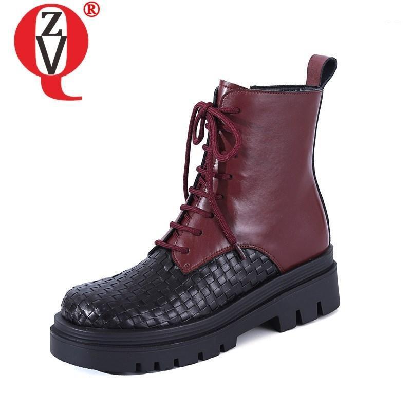 

ZVQ women round toe ankle boots 2020 winter new style genuine leather woman shoes side zipper laced up thick heel fashion boots1, Black