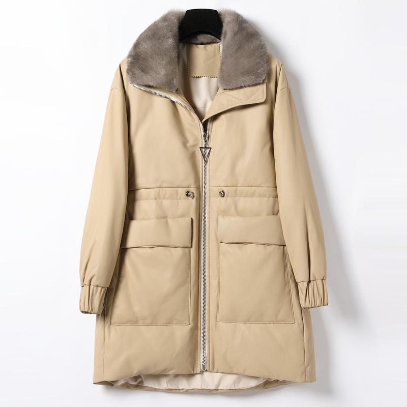 

90% White Duck Down Women' Down Jacket Real Sheepskin Leather Jackets Women Collar Coat Female Mujer Chaqueta Zjt1662, Black