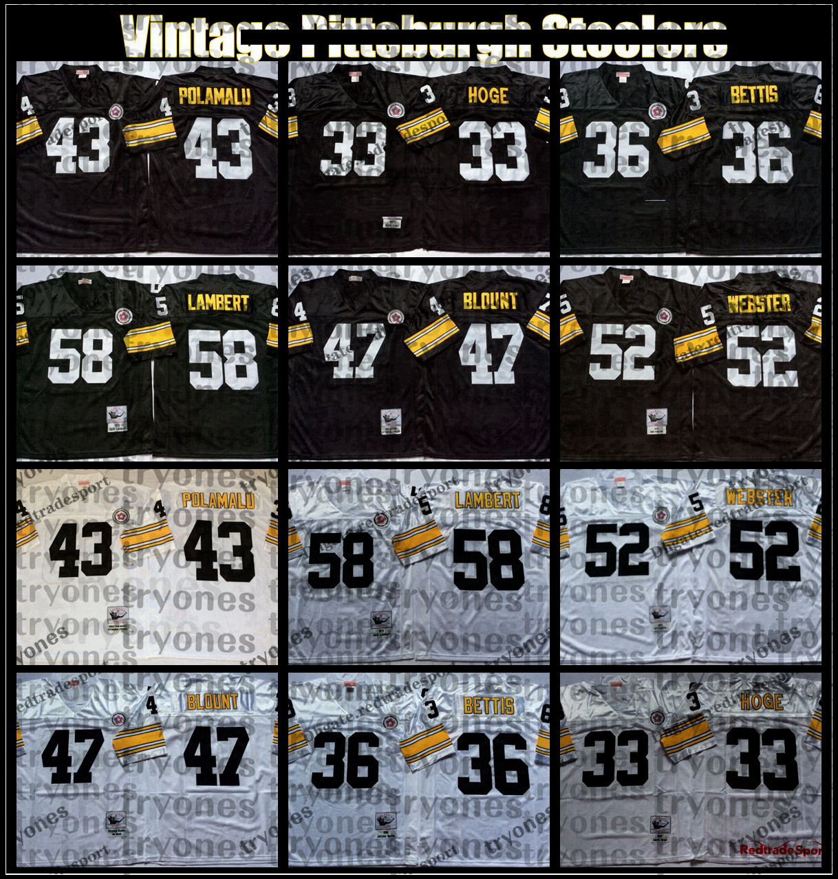 

Vintage Mens Black 33 Merril Hoge 36 Jerome Bettis 43 Troy Polamalu 47 Mel Blount 52 Mike Webster 58 Jack Lambert Football Jersey BB8, Black;red