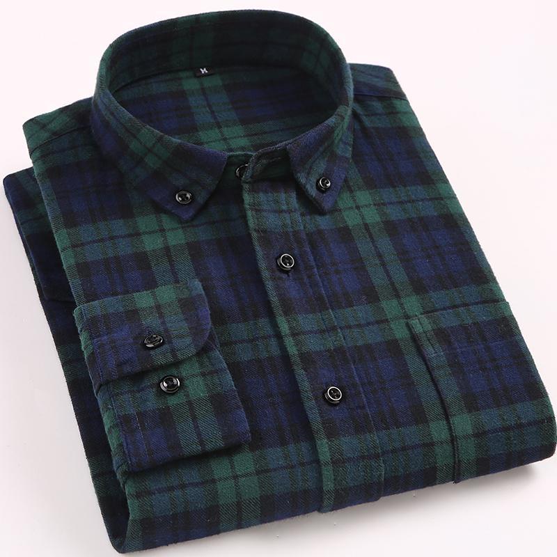 

Men's Stylish Long Sleeve Plaid Brushed Shirt Patch Single Pocket Standard-fit Button-down Casual Checkered Cotton Shirts, Mg06