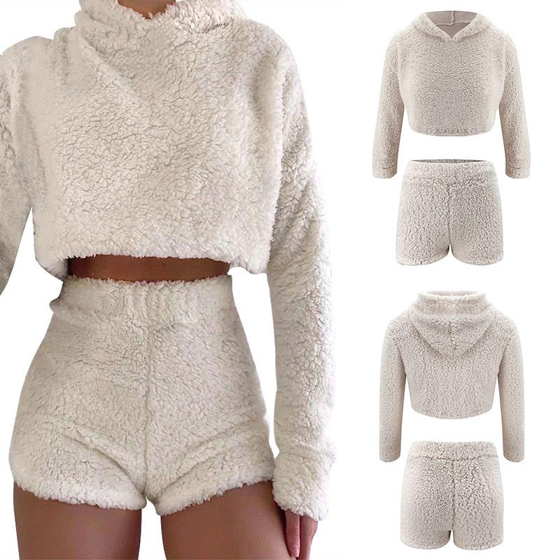 

2Pcs/Sets Sexy Fluffy Suits Velvet Plush Hooded Sleepwear Shorts+Crop Top Women Tracksuit Casual Sports Set, Apricot
