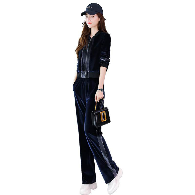 

Spring New Autumn Gold Velvet Women's Suit Sports Casual Fashion More Female Sizes of Two Top Pieces and Pants Training for R201 Idry, Navy blue with gray